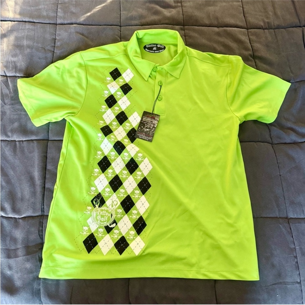 Tattoo Golf Mens Green Skull Argyle Polo Shirt 💀